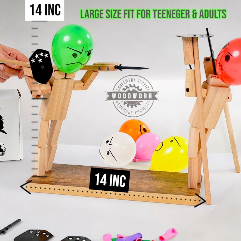 Akargol Handmade Wooden Fencing Puppets - XLarge 2025 New Sword Duel Game Best Family Board Games for Christmas 2-Player Wooden Robot Battle Balloon Game, Whack a Balloon Party Games for 2 Players - Image 3
